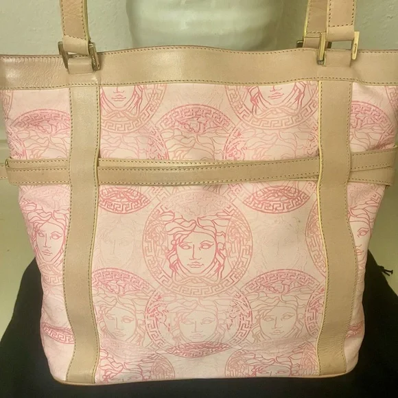 Versace Pink and Tan Tote Bag with Medusa Logo - Picture 3 of 12